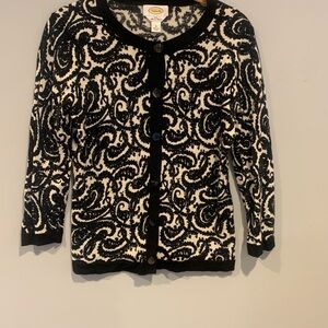 Talbots Chic Black and White Paisley Merino Wool Cardigan